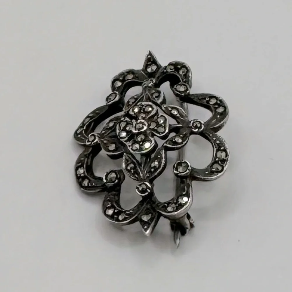 VINTAGE Sterling Silver Marcasite Flower Brooch